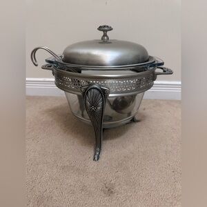Glass and metal serving dish with lid and warmer stand